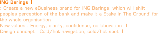 ING Barings | : Create a new eBusiness brand for ING Barings, which will shift peoples perception of the bank and make it a Stake In The Ground for the whole organisation | New values : Energy, clarity, confidence, collaboration | Design concept : Cold/hot navigation, cold/hot spot |